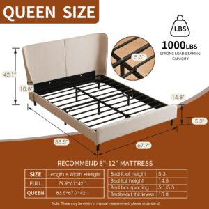 PINJU Queen Upholstered Platform Bed with Wingback Rounded Headboard, Solid Wood Slat Support, Easy to Assemble and No Noise Free (QUEEN, Beige)