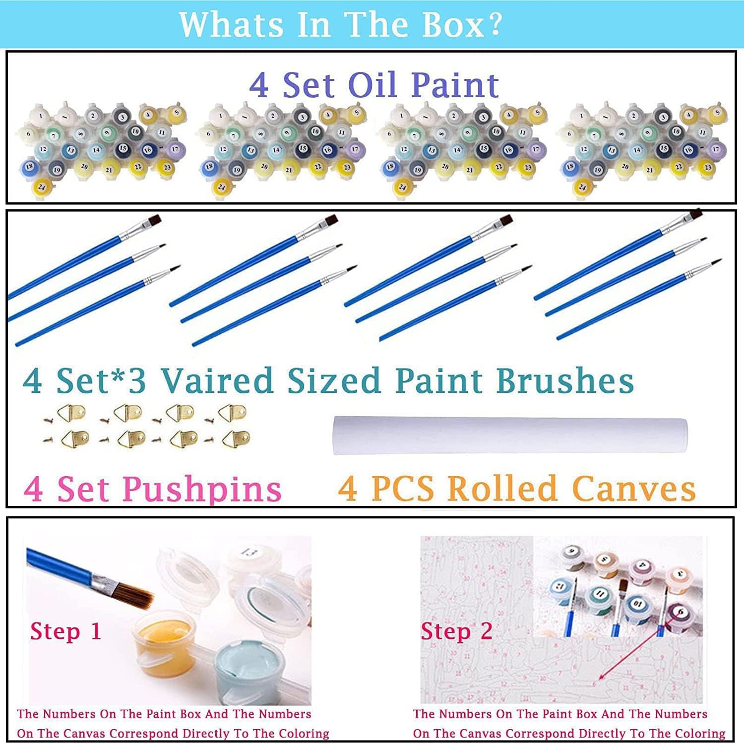 MXCFZX 4 Pack Paint by Numbers for Kids - Paint by Number for Kids Beginners Easy Acrylic Watercolor Paint Numbers Canvas Arts for Kids Ages 4-8, Oil Painting Paint by Number Kits for Decoration 8x8in