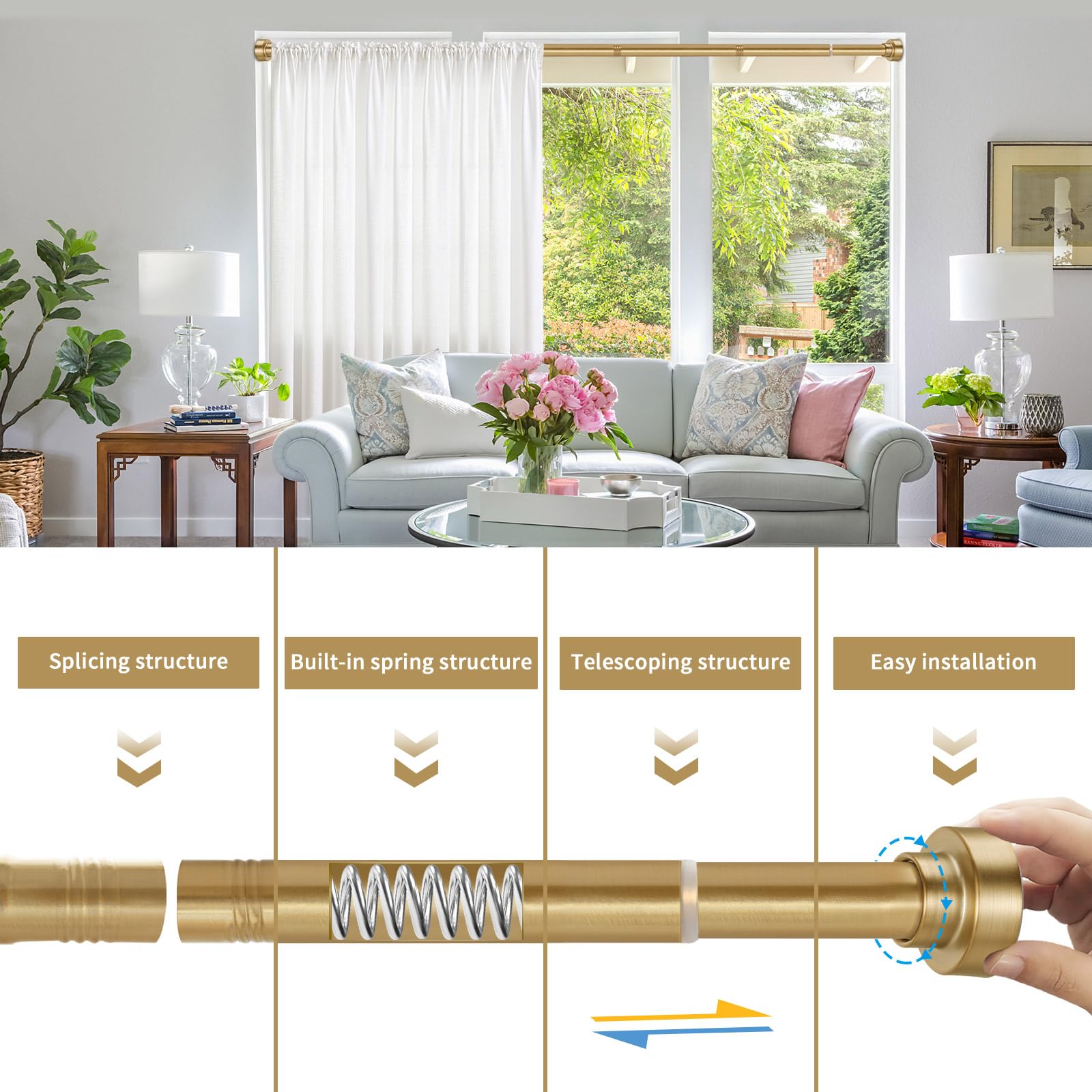 YNL Shower Curtain Rod 34-82 Inches (2.8-6.8ft) with 12Pcs Shower Curtain Rings, Adjustable Gold Shower Rod No Drilling, Non-Slip, Never Rust, Stainless Steel, Suitable for Bathroom Window, Gold