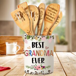 Gifts for Grandma Mothers Day, Grandma Ceramic Utensil Holder with Wooden Spoons Gifts Set, Thoughtful Gifts for Grandma from Grandkids Cooking Tools Kitchen Utensils Set with Wooden Spatulas for 6