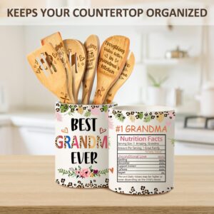 Gifts for Grandma Mothers Day, Grandma Ceramic Utensil Holder with Wooden Spoons Gifts Set, Thoughtful Gifts for Grandma from Grandkids Cooking Tools Kitchen Utensils Set with Wooden Spatulas for 6