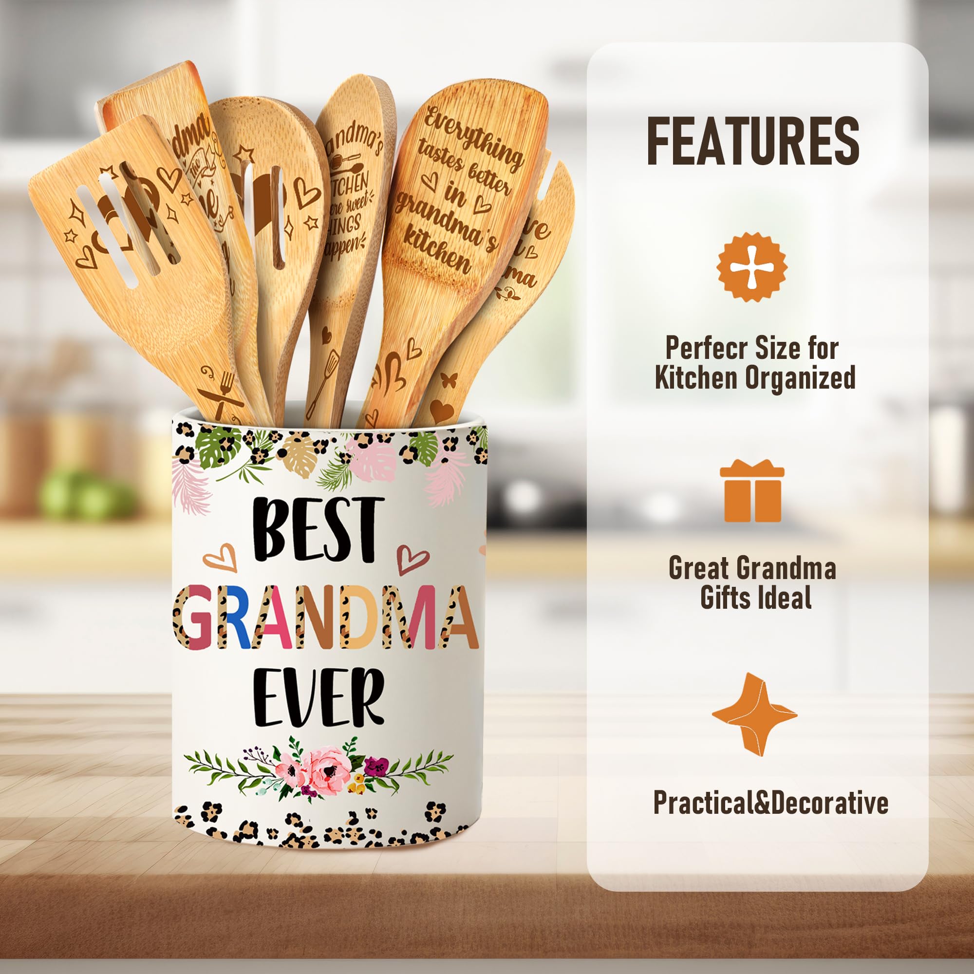 Gifts for Grandma Mothers Day, Grandma Ceramic Utensil Holder with Wooden Spoons Gifts Set, Thoughtful Gifts for Grandma from Grandkids Cooking Tools Kitchen Utensils Set with Wooden Spatulas for 6