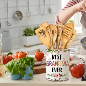 Gifts for Grandma Mothers Day, Grandma Ceramic Utensil Holder with Wooden Spoons Gifts Set, Thoughtful Gifts for Grandma from Grandkids Cooking Tools Kitchen Utensils Set with Wooden Spatulas for 6