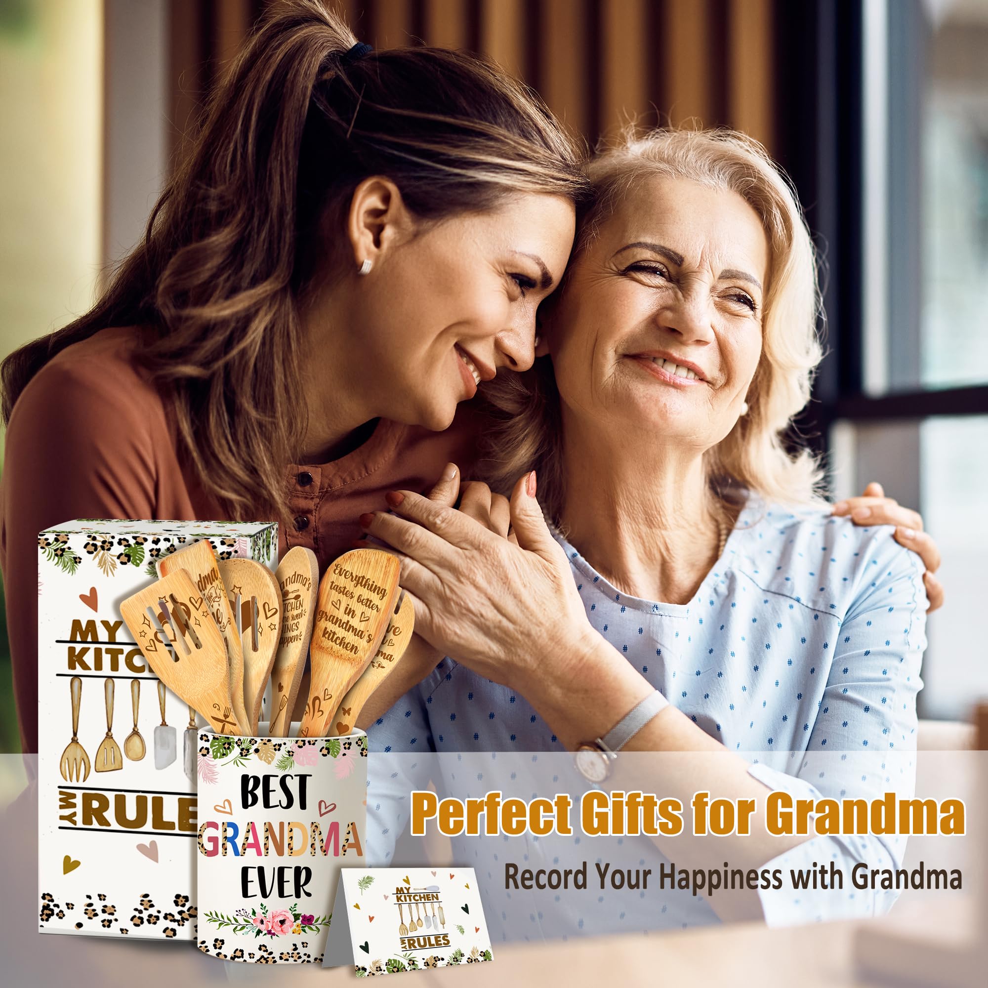 Gifts for Grandma Mothers Day, Grandma Ceramic Utensil Holder with Wooden Spoons Gifts Set, Thoughtful Gifts for Grandma from Grandkids Cooking Tools Kitchen Utensils Set with Wooden Spatulas for 6