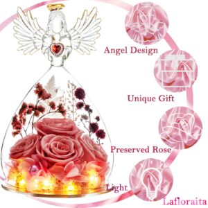 Lafloraita Mothers Day Preserved Rose Gifts for Women Mom Grandma Wife,Glass Angel Figurines with LED Light,Four Real Rose Flowers Sweet Pink