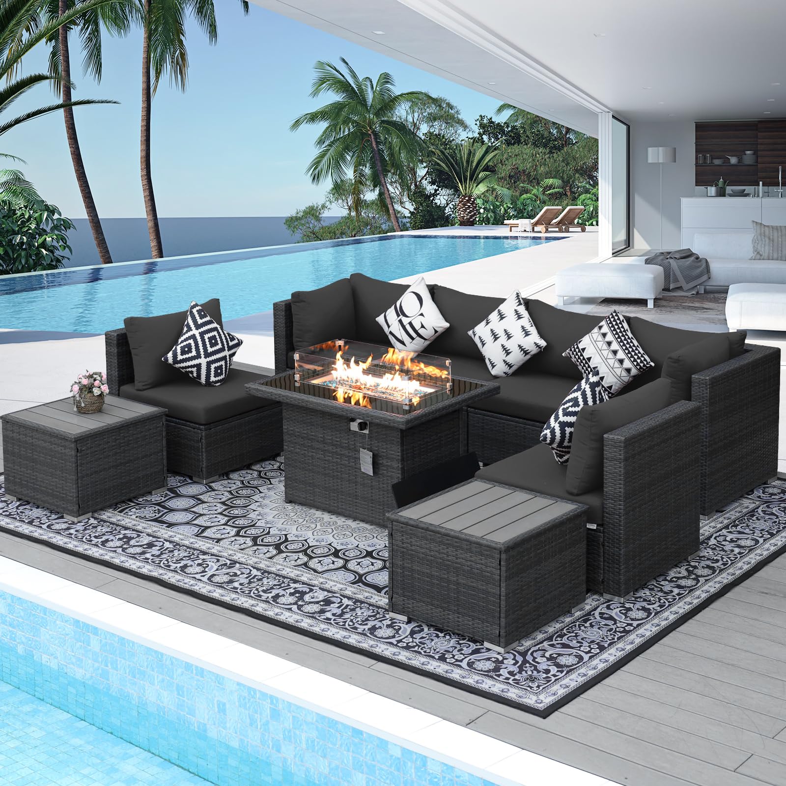 NICESOUL® 9 Pieces Outdoor Patio Sectional Furniture Sofa Set with Fire Pit Table Natural Gas Propane, 29.3'' High Back Modern Large Size PE Wicker Conversations with Fireplaces for Backyard