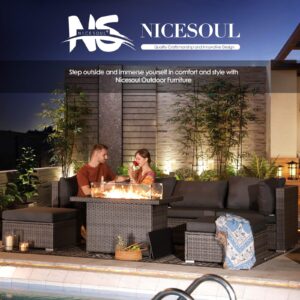 NICESOUL® 9 Pieces Outdoor Patio Sectional Furniture Sofa Set with Fire Pit Table Natural Gas Propane, 29.3'' High Back Modern Large Size PE Wicker Conversations with Fireplaces for Backyard