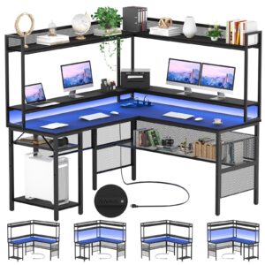 unikito l shaped desk with power outlet, reversible l-shaped computer desk with storage shelves & monitor stand, gaming desk with led light, black