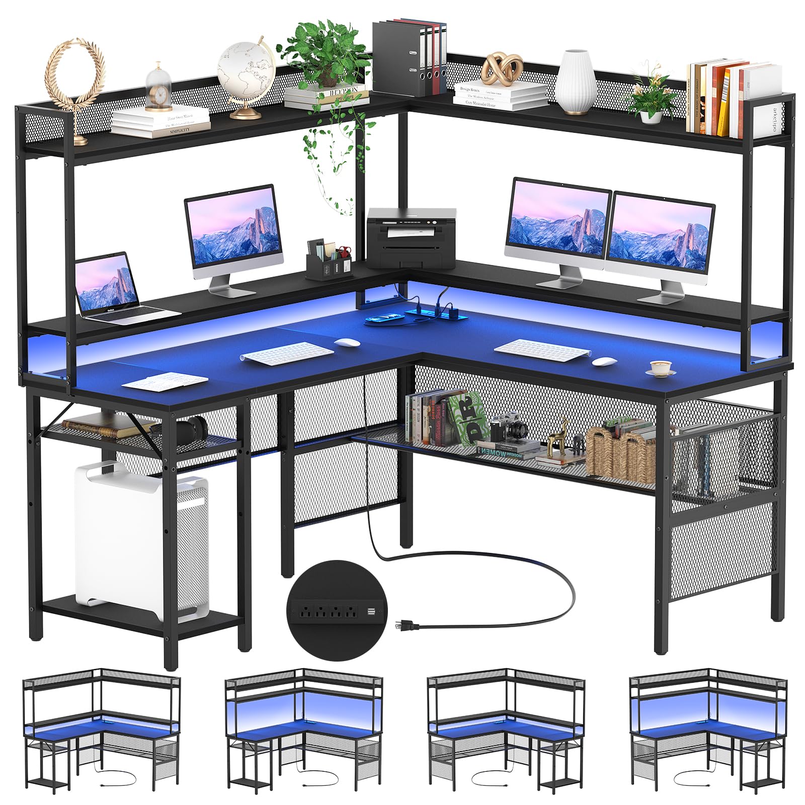 Unikito L Shaped Desk with Power Outlet, Reversible L-Shaped Computer Desk with Storage Shelves & Monitor Stand, Gaming Desk with Led Light, Black