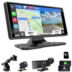 portable apple carplay screen for car, 9.3'' wireless apple car play stereo&android auto touch screen with 2.5k dash cam, 1080p backup camera/loop recording/bluetooth/gps navigation/mirror link