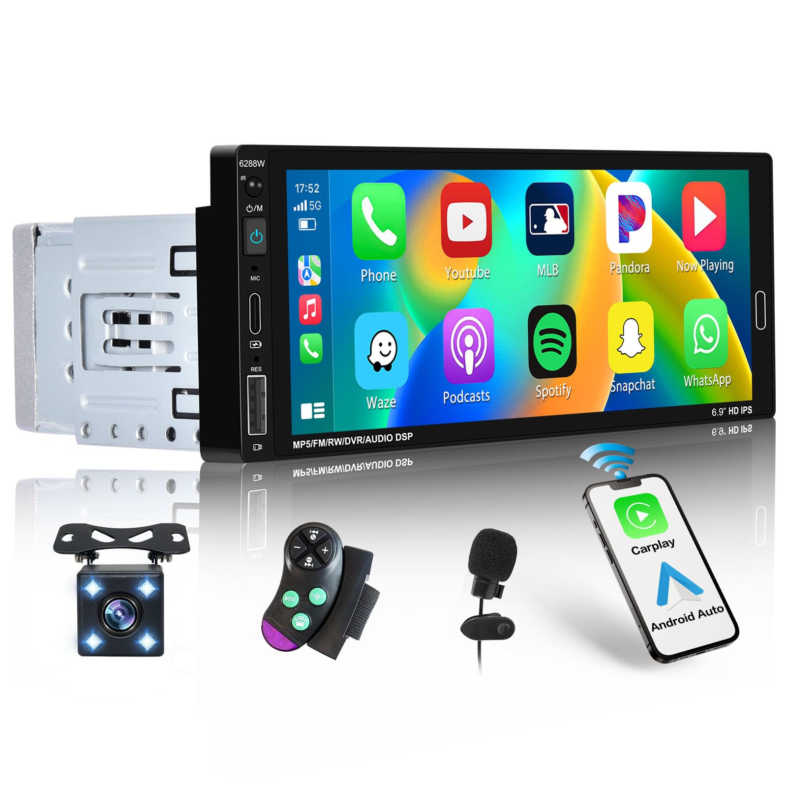 6.9 Inch Wireless Apple Carplay Car Stereo Single Din Touchscreen Car Radio with Bluetooth 5.0, Wireless Android Auto, Mirror Link, FM, EQ, Car Audio Receivcer with USB/Type-C/Aux Input, Mic, SWC