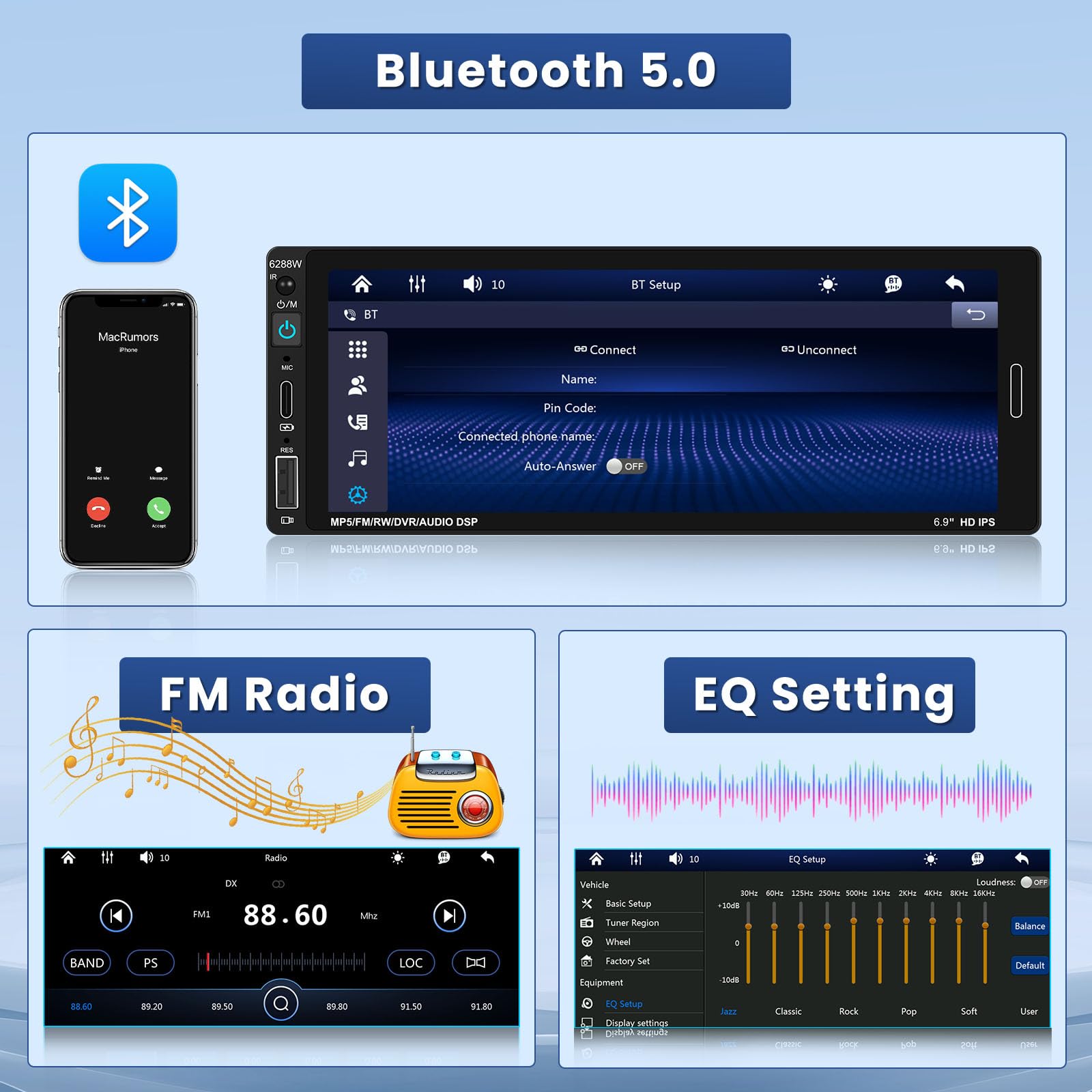 6.9 Inch Wireless Apple Carplay Car Stereo Single Din Touchscreen Car Radio with Bluetooth 5.0, Wireless Android Auto, Mirror Link, FM, EQ, Car Audio Receivcer with USB/Type-C/Aux Input, Mic, SWC