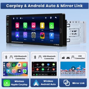 6.9 Inch Wireless Apple Carplay Car Stereo Single Din Touchscreen Car Radio with Bluetooth 5.0, Wireless Android Auto, Mirror Link, FM, EQ, Car Audio Receivcer with USB/Type-C/Aux Input, Mic, SWC