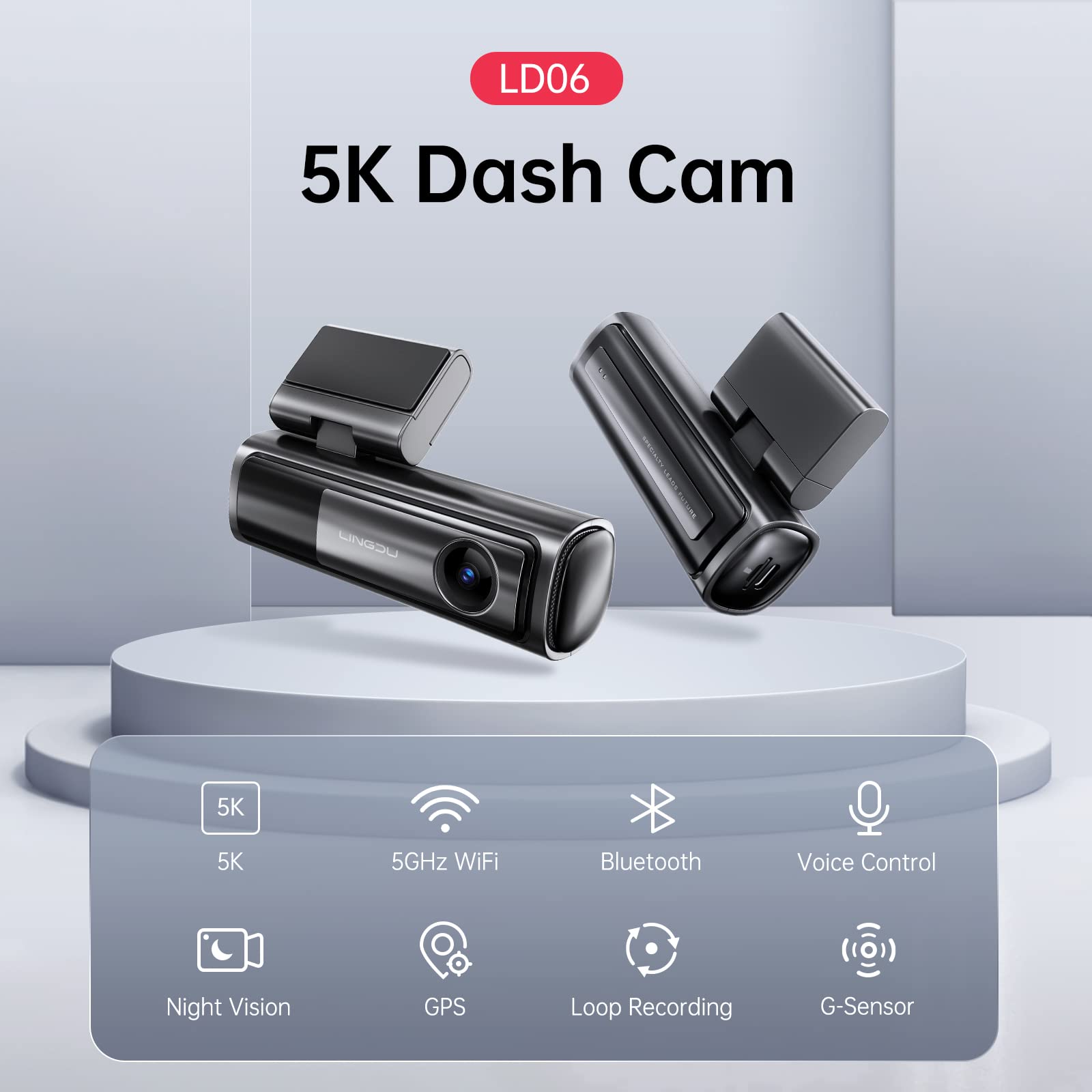 LINGDU LD06 5K Dash Cam, Real 4K+2K Dash Cam Front and Rear, Dash Camera for Cars Include 64GB Card, Built in 5GHz WiFi GPS, Voice Control, Super Night Vision, WDR, Parking Mode