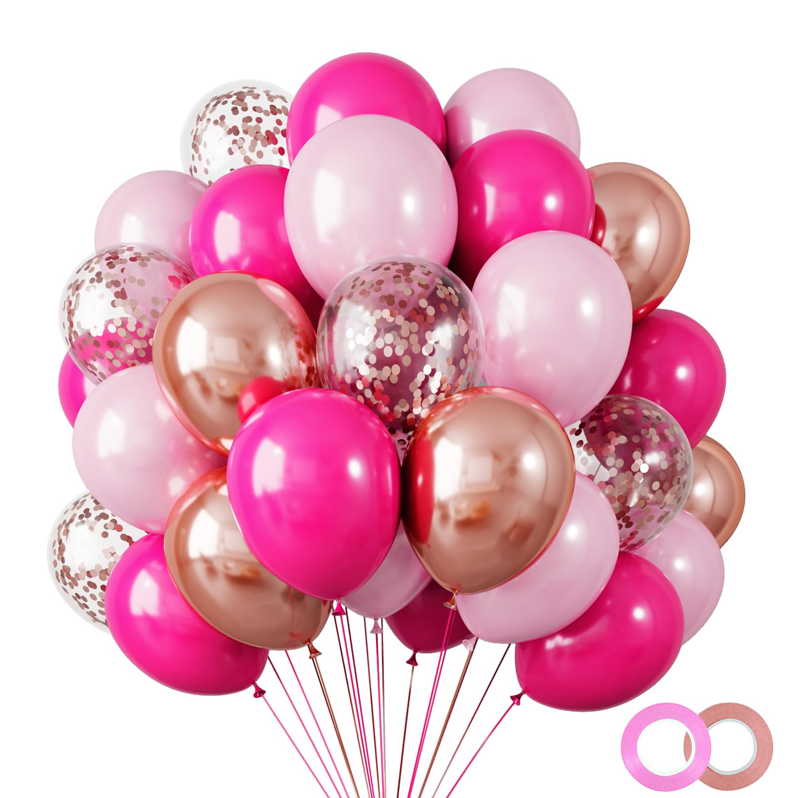 RUBFAC 120pcs 12 Inches Pink Balloons Arch Garland Kit, Hot Pink Rose Gold Metallic Balloons for Birthday Shower Princess Theme Party Background Decorations