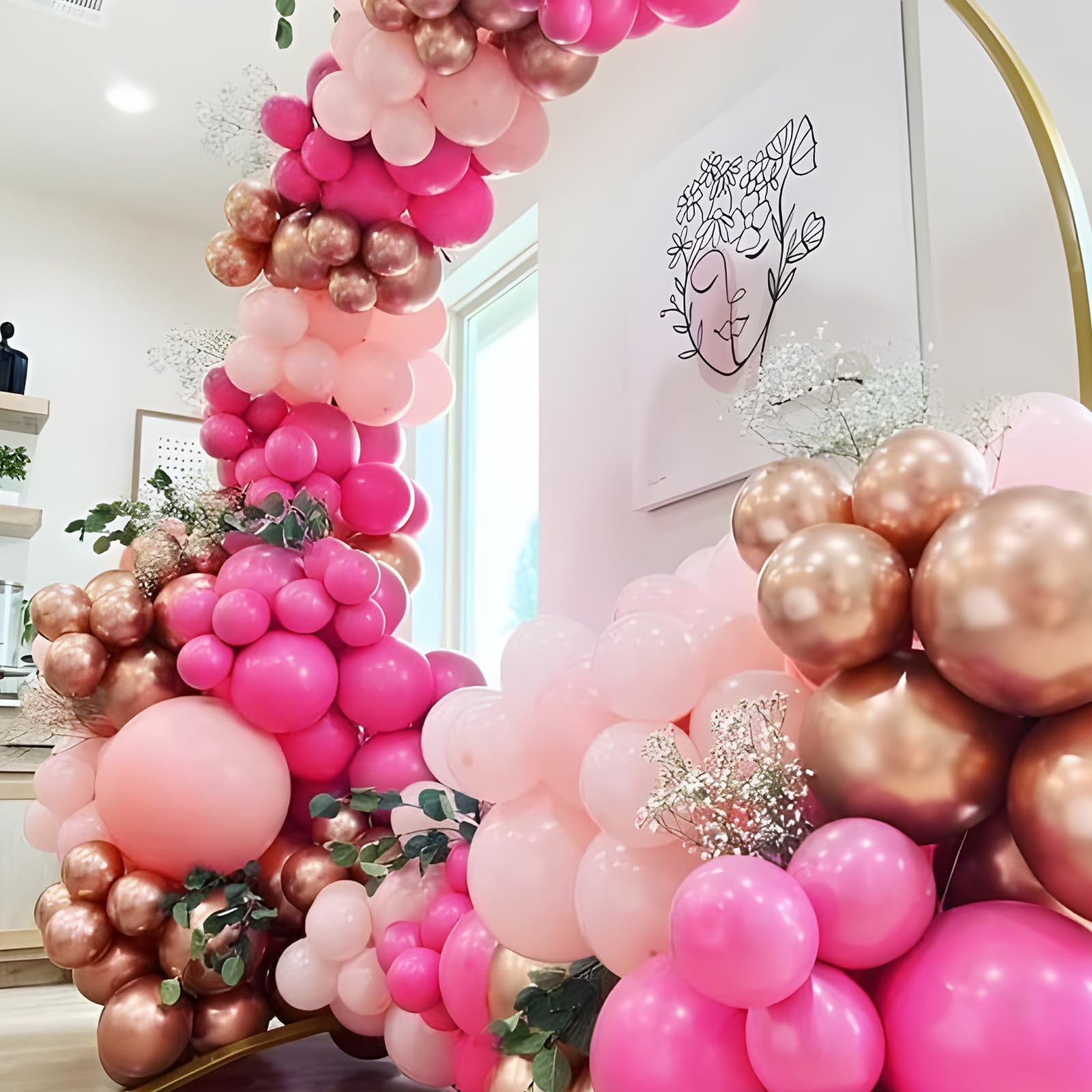 RUBFAC 120pcs 12 Inches Pink Balloons Arch Garland Kit, Hot Pink Rose Gold Metallic Balloons for Birthday Shower Princess Theme Party Background Decorations