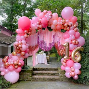 RUBFAC 120pcs 12 Inches Pink Balloons Arch Garland Kit, Hot Pink Rose Gold Metallic Balloons for Birthday Shower Princess Theme Party Background Decorations