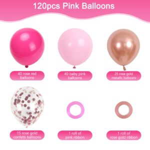 RUBFAC 120pcs 12 Inches Pink Balloons Arch Garland Kit, Hot Pink Rose Gold Metallic Balloons for Birthday Shower Princess Theme Party Background Decorations