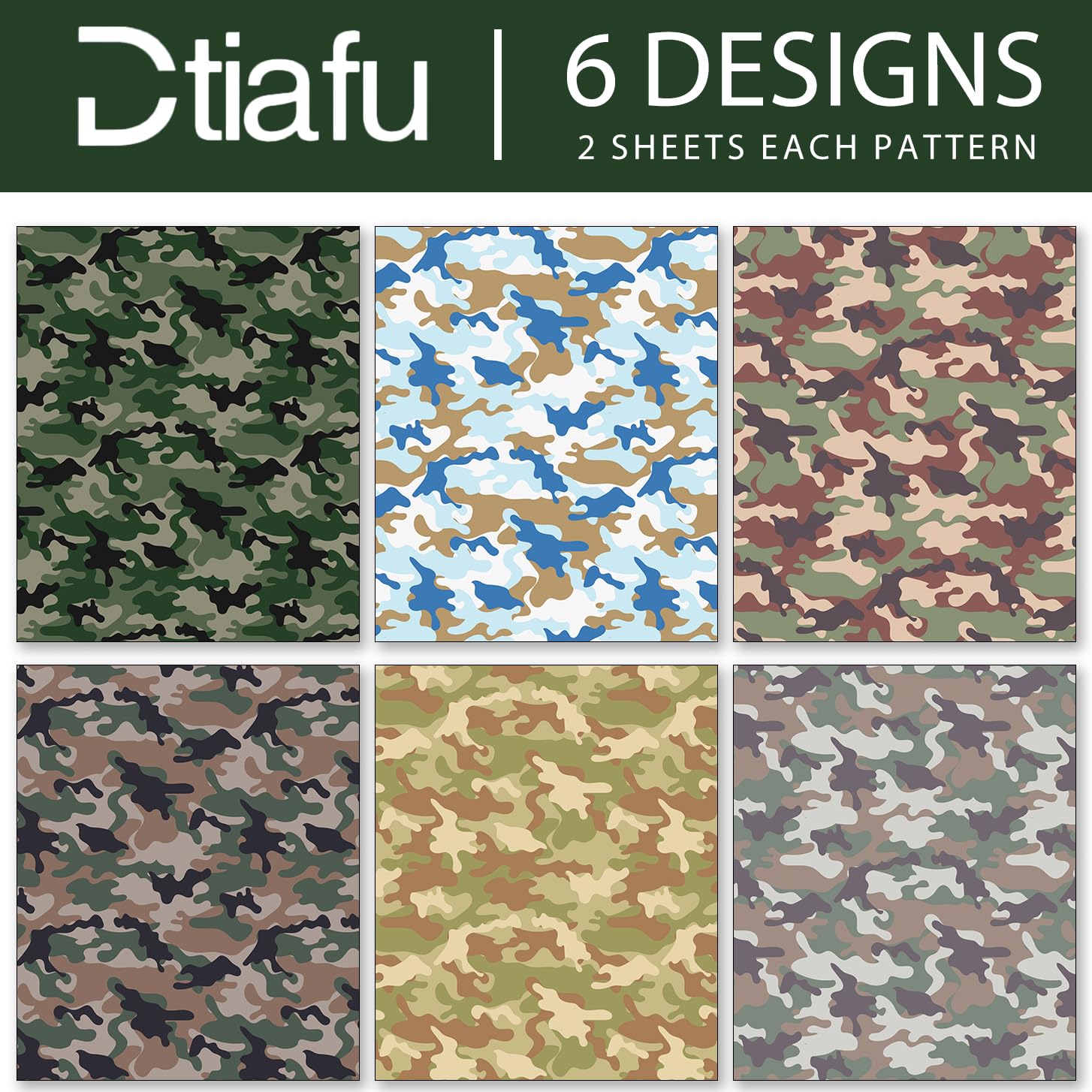 Dtiafu 12 pcs Camo Wrapping Paper Bundle for Women Men Boys Girls Kids - 6 Style Army Gift Wrap for Birthday Wedding - 20 X 28 Inch Per Sheet