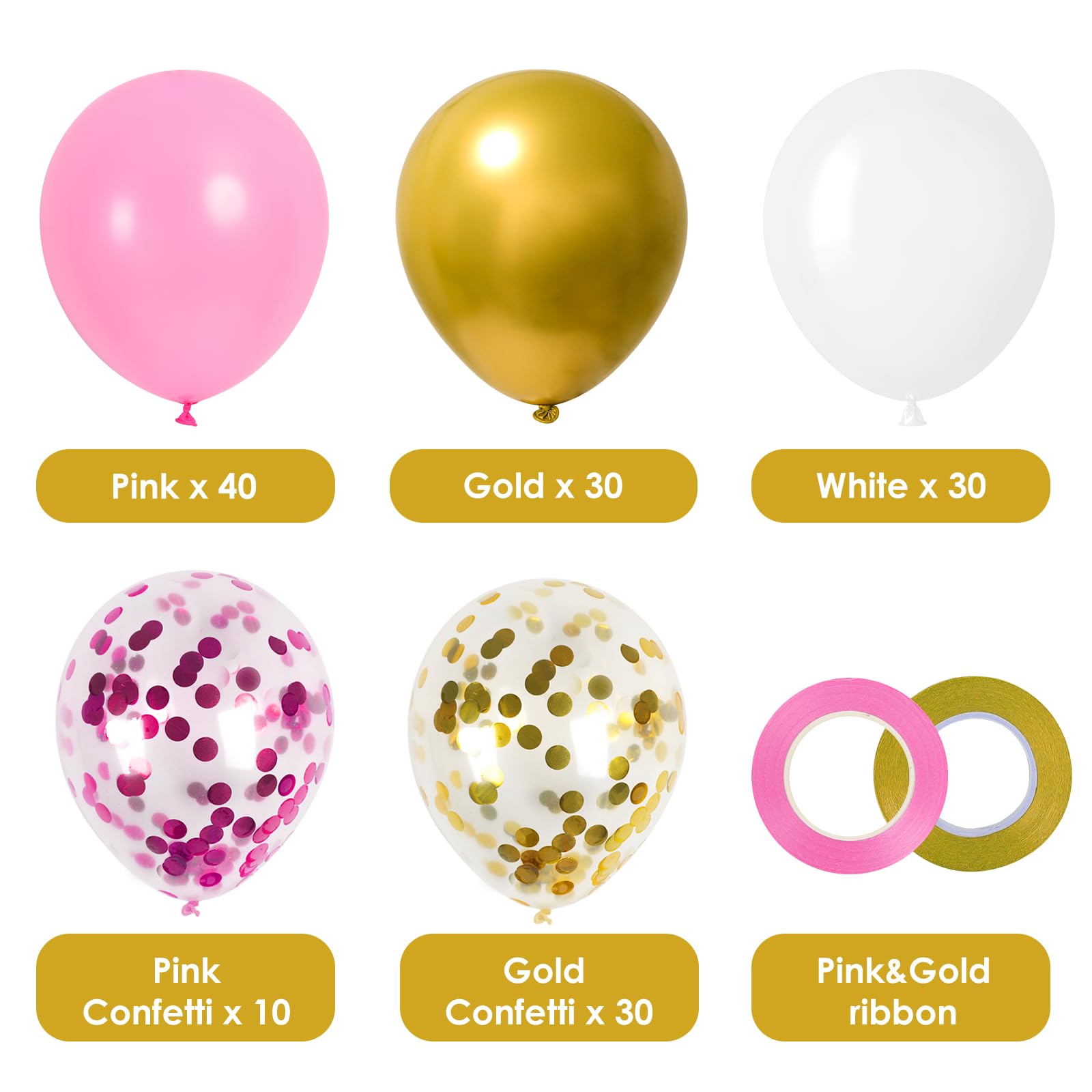 RUBFAC 120pcs Pink Gold Balloons Arch Garland Kit, 12 Inch Pink White Gold Party Balloons, Confetti Latex Balloons for Mother's Day, Birthday, Wedding, Baby Shower, Graduation Decorations