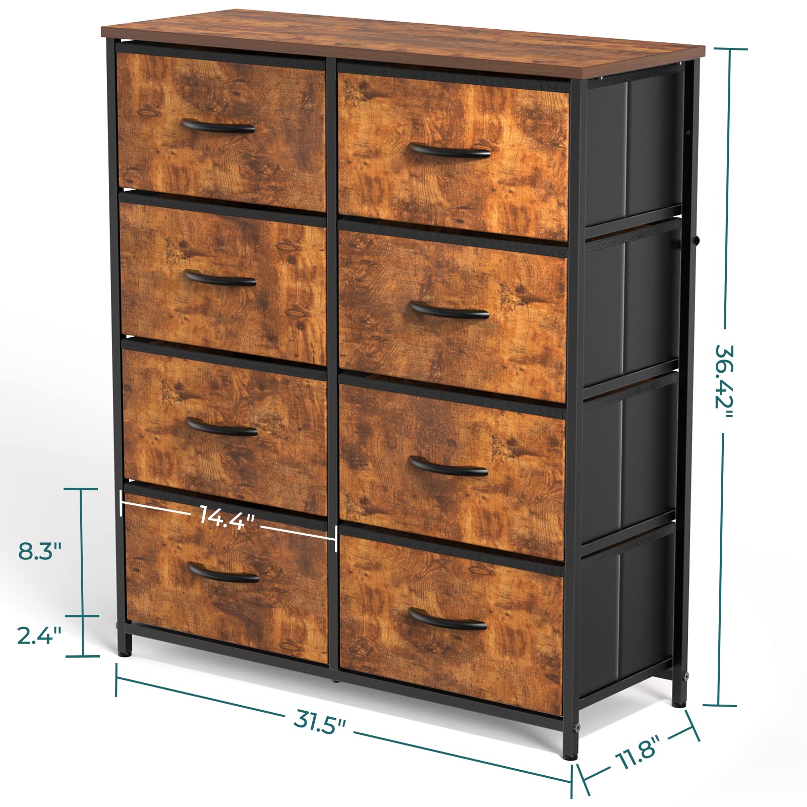 OLIXIS Organizer Storage 8, Chest of Drawers with Fabric Bins, Tall Dresser with Wood Top for Bedroom, Closet, Entryway, Brown