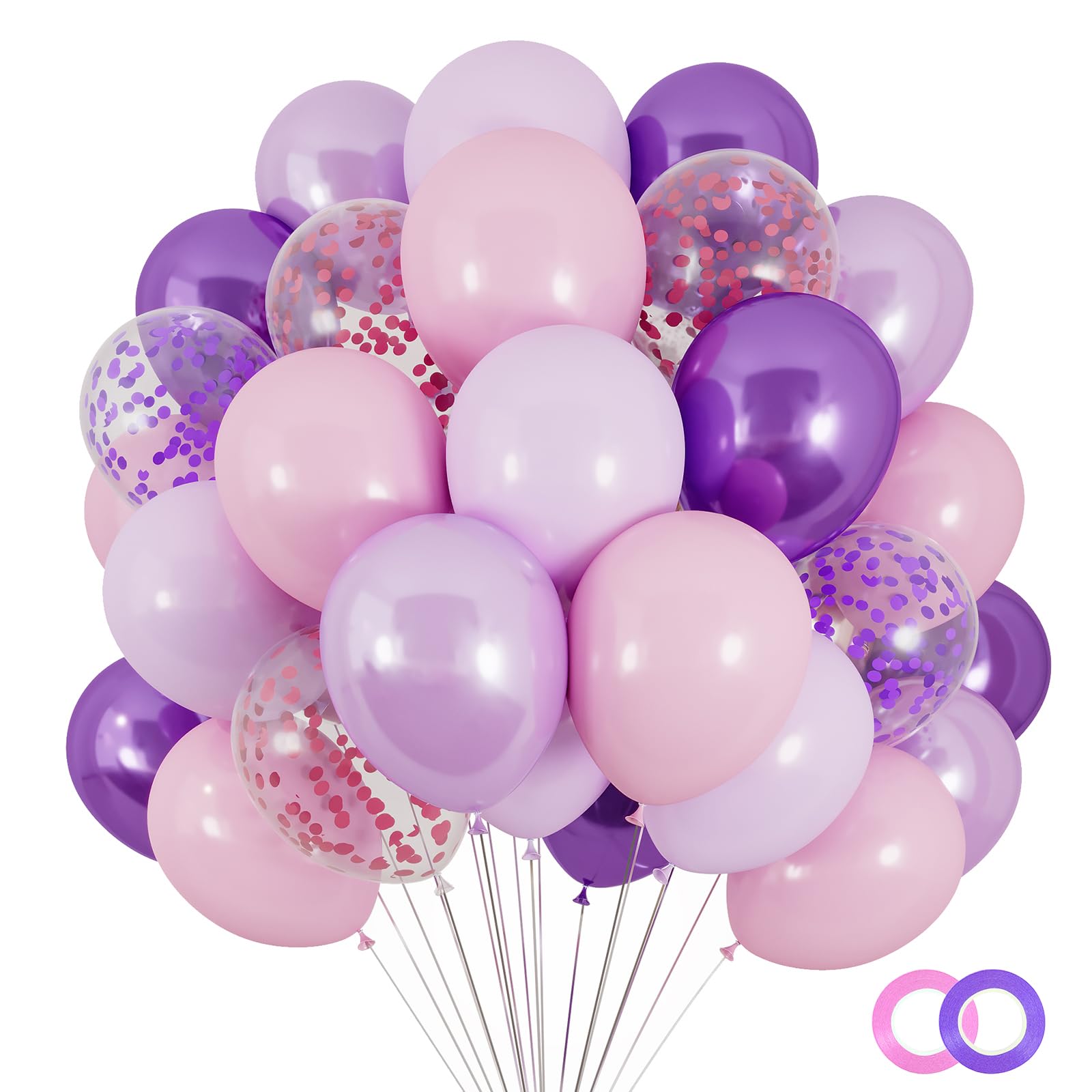 RUBFAC 120pcs 12 Inches Pink and Purple Balloons Arch Garland Kit, Purple Pink Confetti Balloons, Metallic Purple and Pink Latex Balloons for Girls Birthday Baby Shower Wedding Decorations