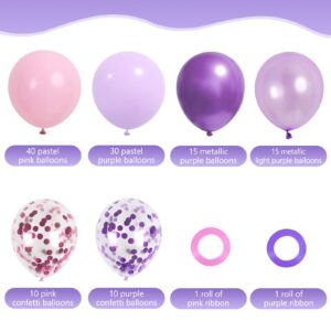 RUBFAC 120pcs 12 Inches Pink and Purple Balloons Arch Garland Kit, Purple Pink Confetti Balloons, Metallic Purple and Pink Latex Balloons for Girls Birthday Baby Shower Wedding Decorations