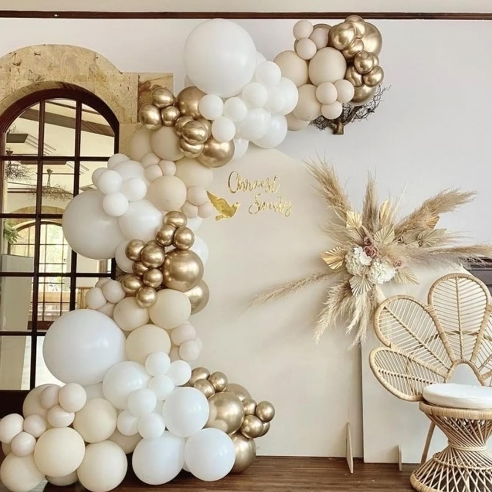 RUBFAC 154pcs White Sand Balloons Different Sizes 5/10/12/18 Inch White Cream Beige Balloon Garland Arch Kit for Wedding Baby Shower Birthday Party Supplies Decorations