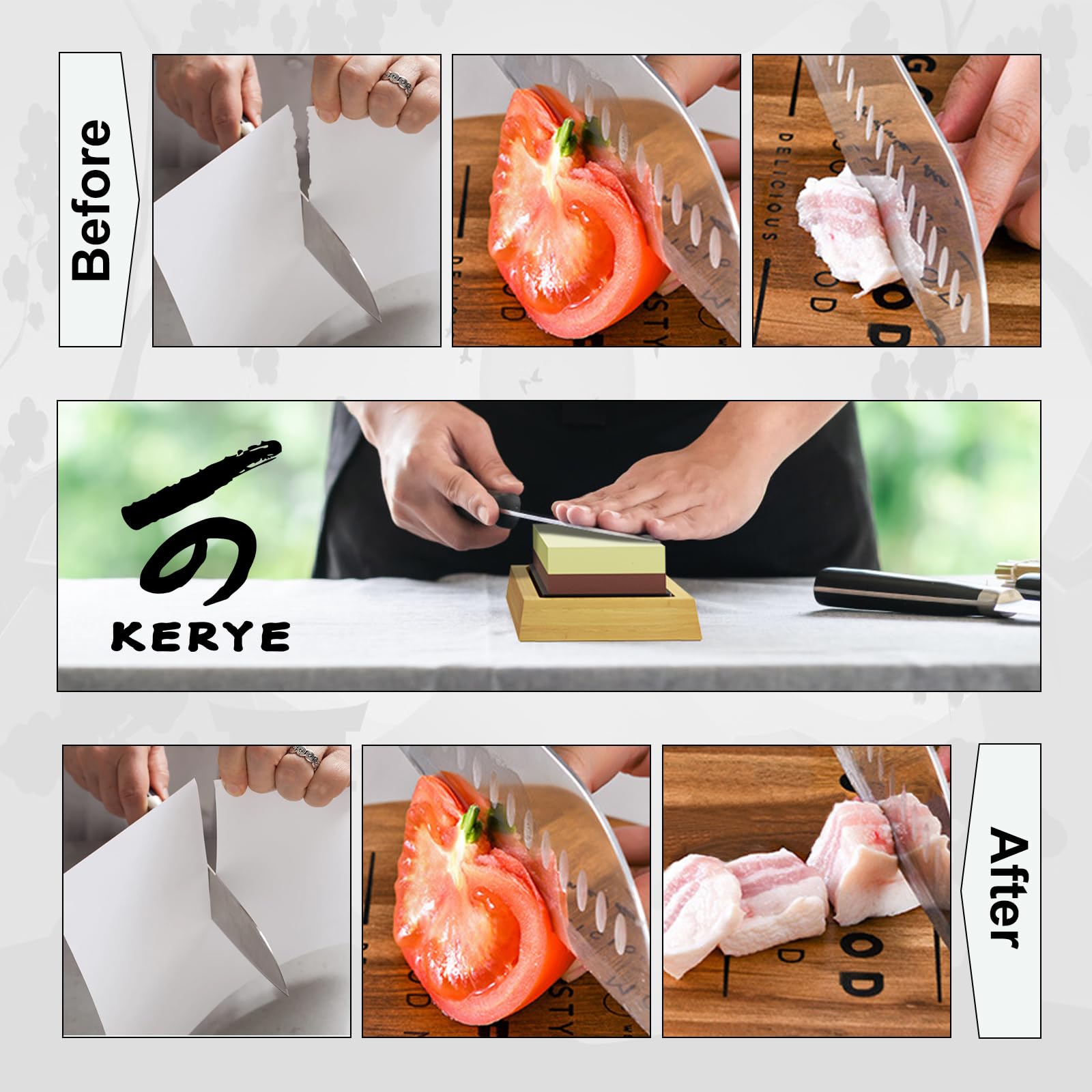 Knife Sharpening Stone Set, KERYE Professional Japanese Whetstone Knife Sharpener Tool Kit, 4 Side Grit 400/1000 3000/8000 Wet Stone, Flattening Stone, Angle Guide, Leather Strop, Anti Cut Gloves