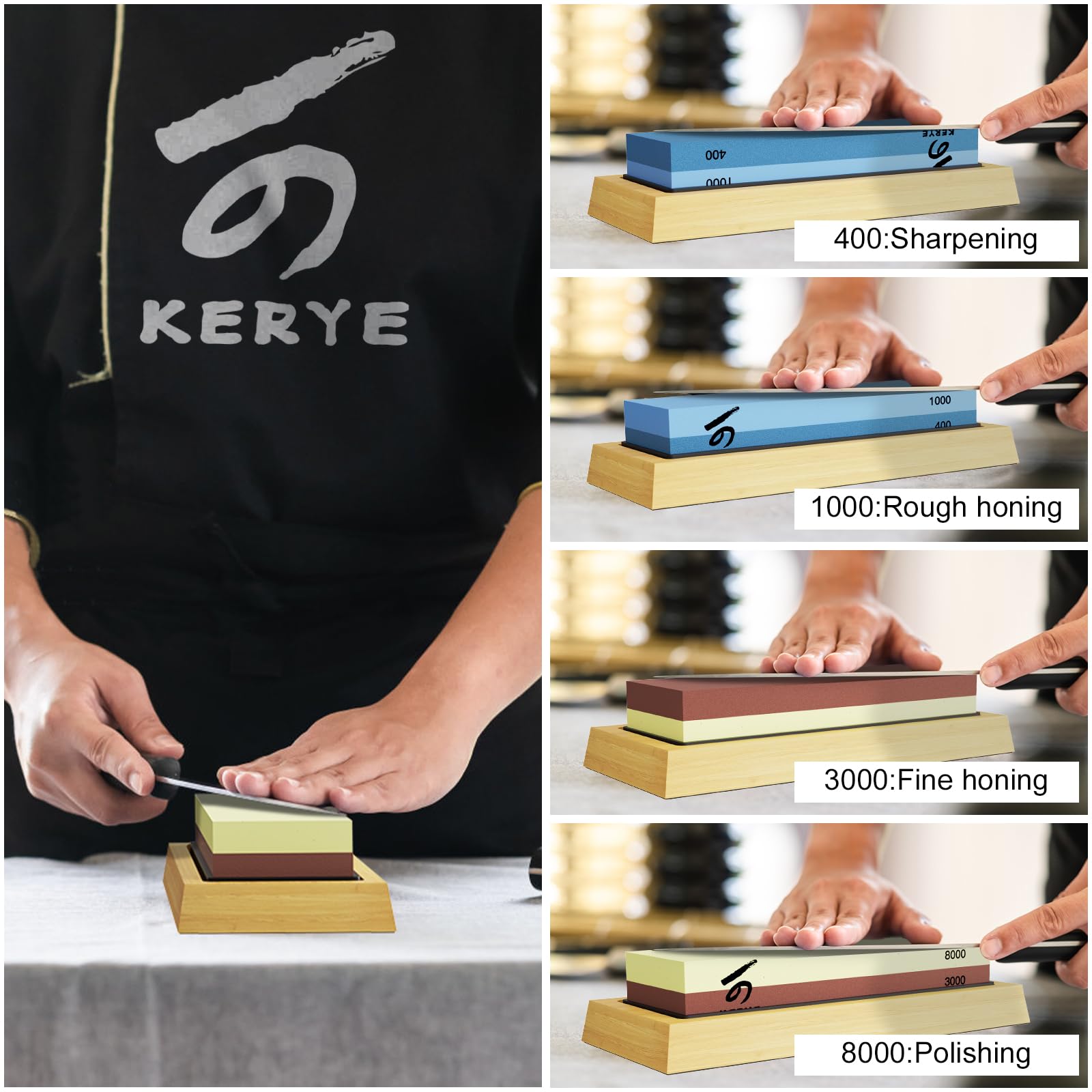 Knife Sharpening Stone Set, KERYE Professional Japanese Whetstone Knife Sharpener Tool Kit, 4 Side Grit 400/1000 3000/8000 Wet Stone, Flattening Stone, Angle Guide, Leather Strop, Anti Cut Gloves