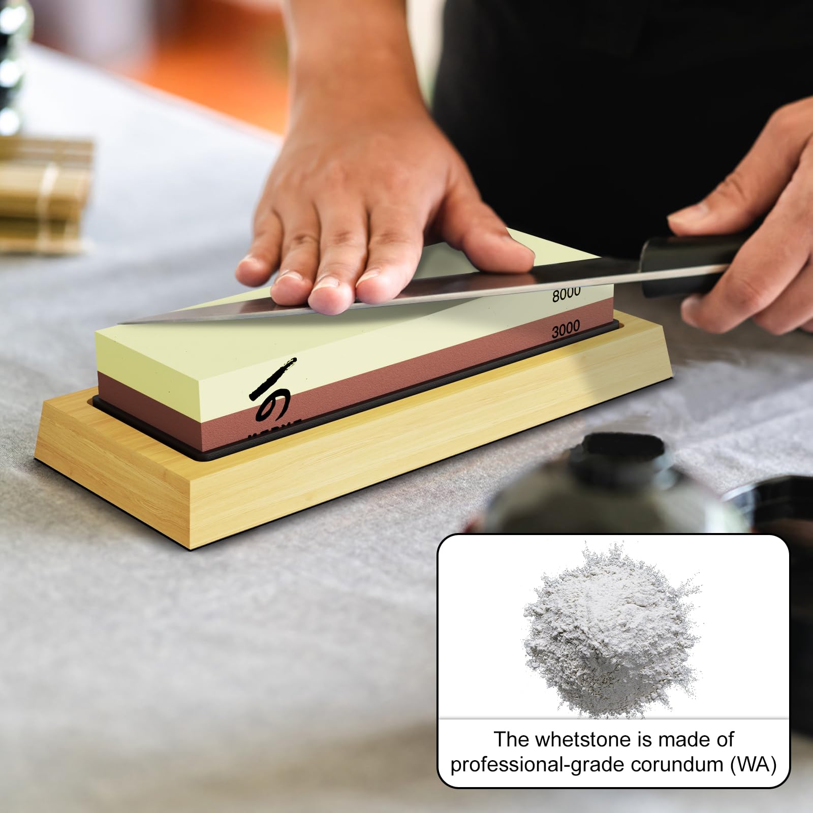 Knife Sharpening Stone Set, KERYE Professional Japanese Whetstone Knife Sharpener Tool Kit, 4 Side Grit 400/1000 3000/8000 Wet Stone, Flattening Stone, Angle Guide, Leather Strop, Anti Cut Gloves