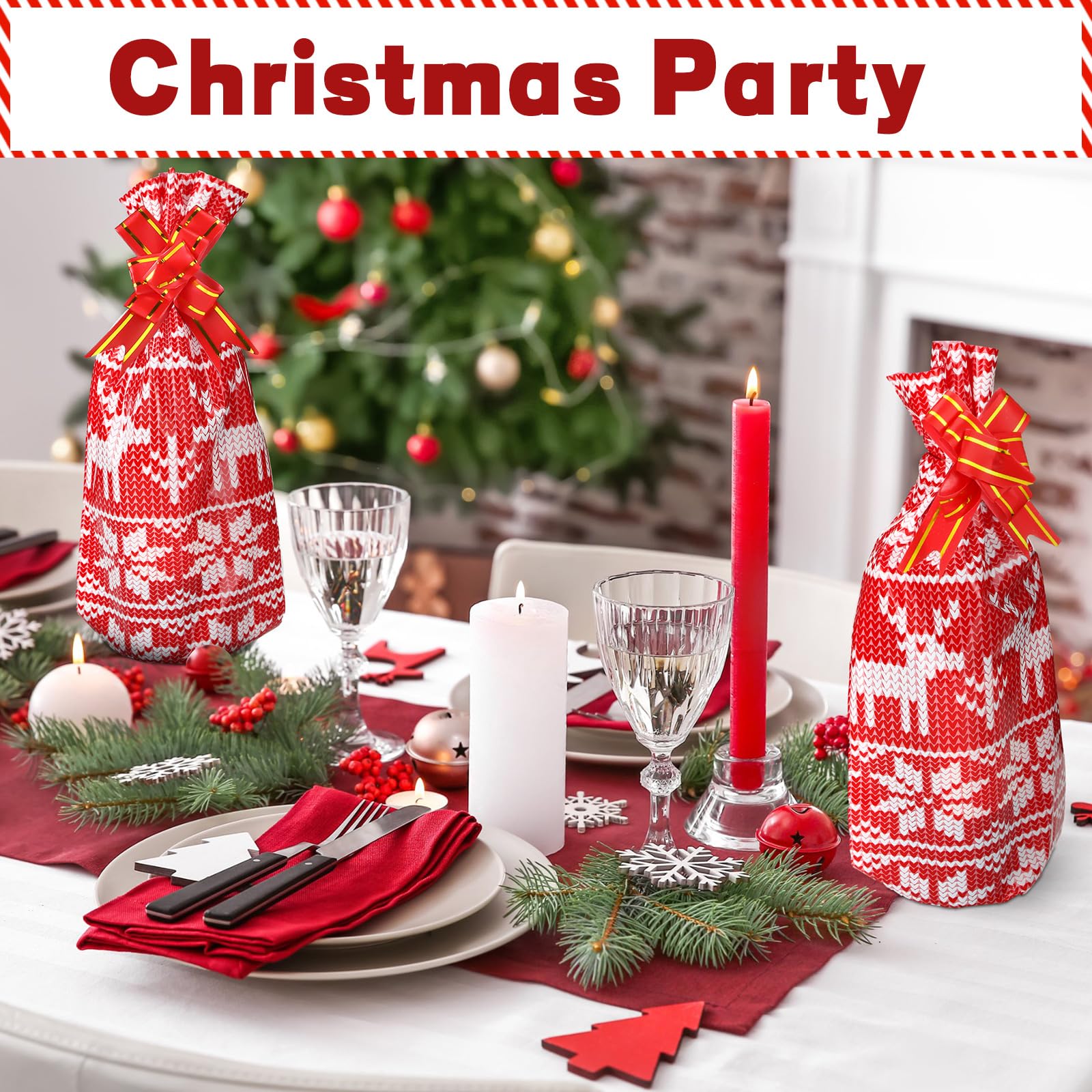 Teling 100 Pcs Christmas Wine Bottle Gift Bags Cellophane Christmas Wine Bags Red Sweater Wine Bag Cover Including 50 Pcs Wine Wrapping Bags and 50 Pcs Pull Bows for Christmas Holiday Party