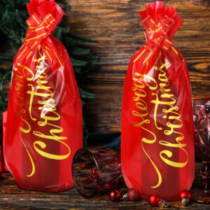 Teling 100 Pcs Christmas Wine Bottle Gift Bags Cellophane Bag Red Merry Christmas Wine Bag Cover Including 50 Pcs Wine Wrapping Bags and 50 Pcs Pull Bows for Christmas Holiday Party