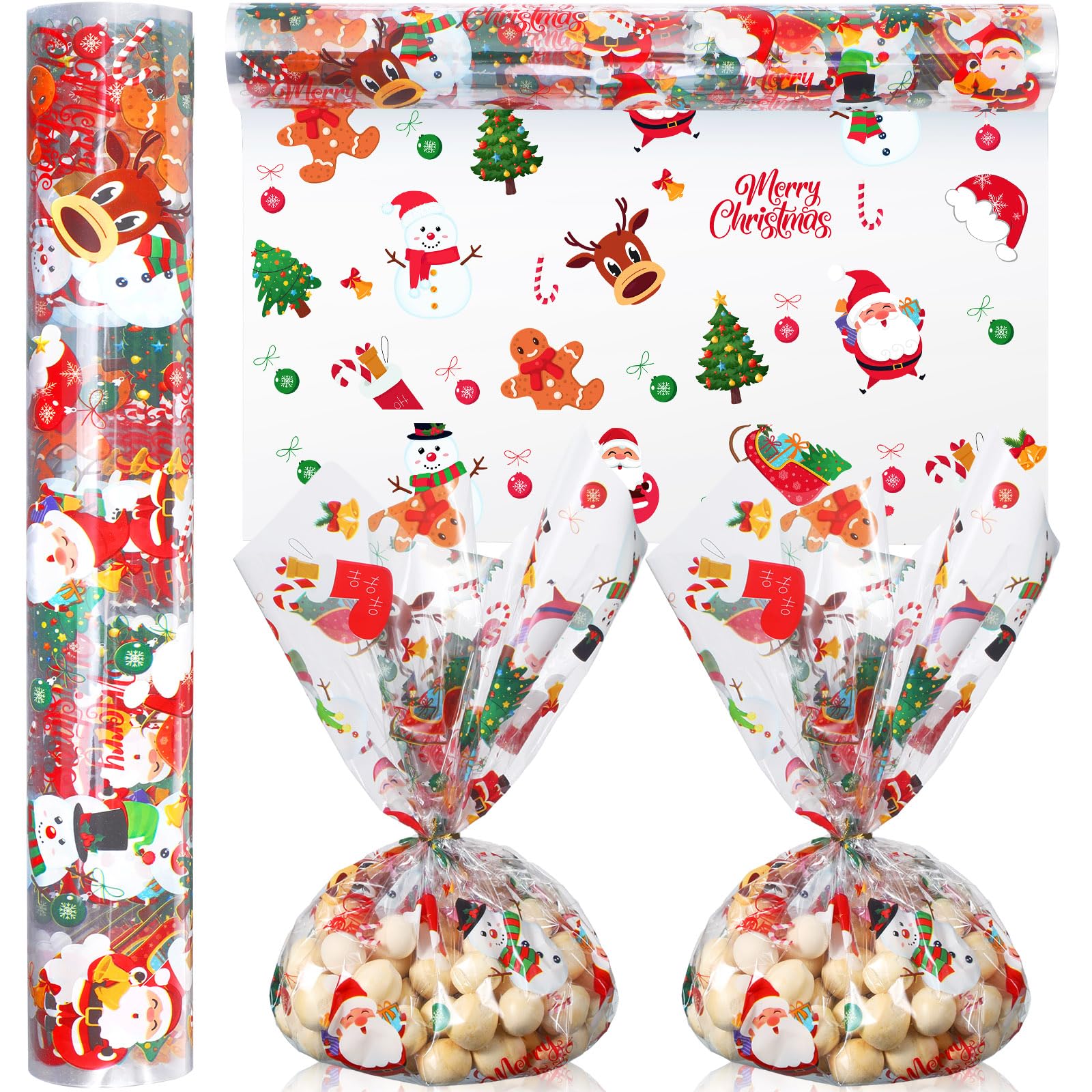 Christmas Cellophane Wrapping Paper 100 ft x 16 Inch 2.5 Mil Thick Cello Wrap Roll Crystal Clear Xmas Tree Santa Paper Wrapper Snowman Cellophane Gift Wrap for Treat Small Basket Craft Holiday