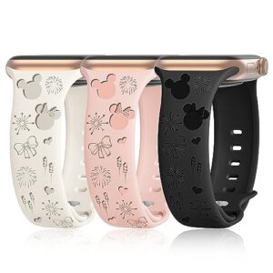 seizehe 3 pack cartoon engraved bands compatible with apple watch band 38mm 40mm 41mm 42mm 44mm 45mm women, soft silicone sport strap cute wristband for iwatch series 9/8/7/6/5/4/3/se