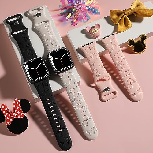 Seizehe 3 Pack Cartoon Engraved Bands Compatible with Apple Watch Band 38mm 40mm 41mm 42mm 44mm 45mm Women, Soft Silicone Sport Strap Cute Wristband for iWatch Series 9/8/7/6/5/4/3/SE