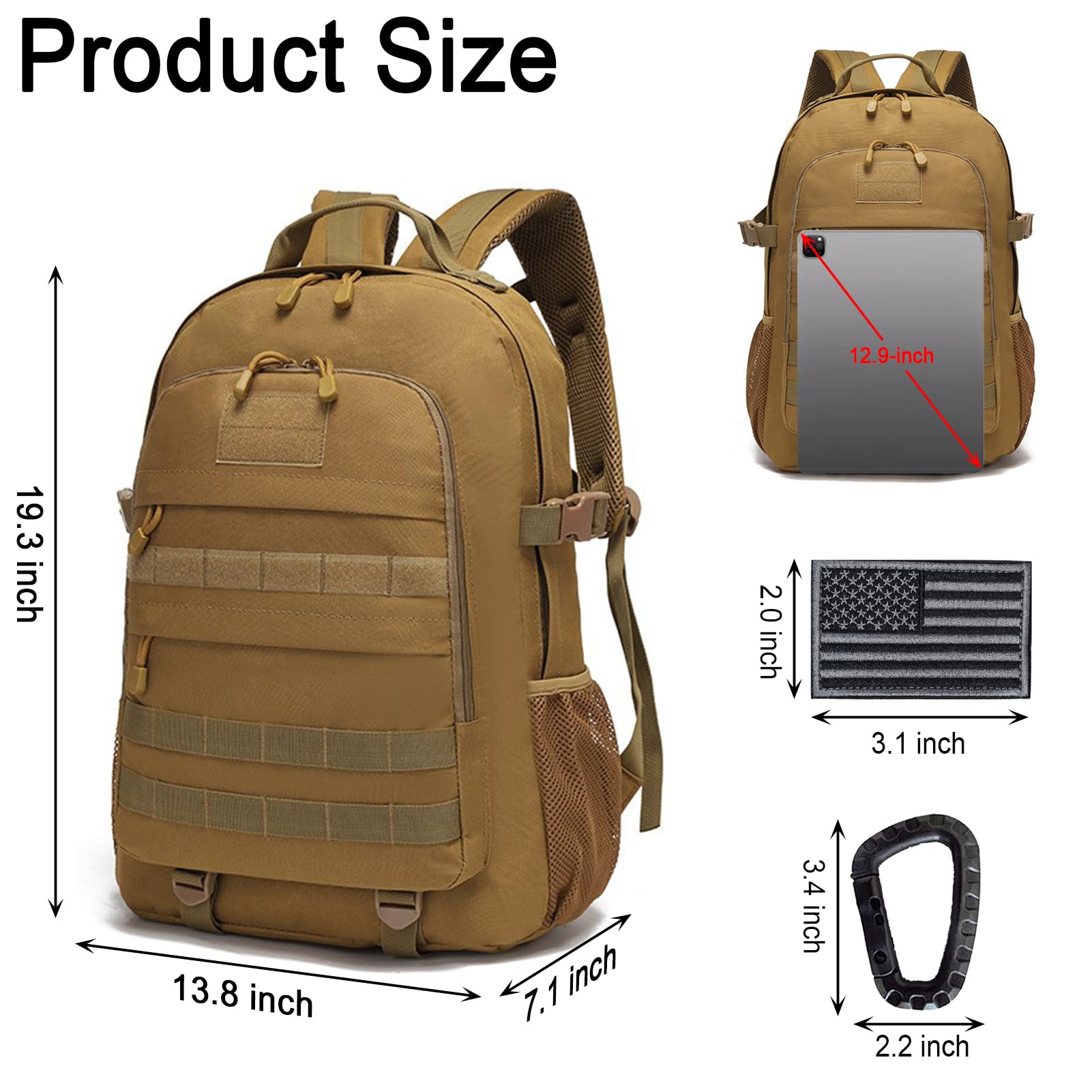 Aocmpxs Military Tactical Backpack, 30L Hiking Daypack Water-Resistant 3 Day Assault Backpacks Molle Army Pack(Tan)