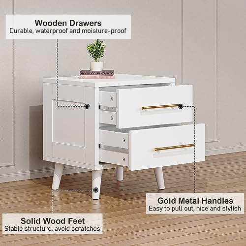 Aiho Nightstand, Bedside Table with Metal Handles, Modern Wood Night Stand 2 Drawer Dresser for Bedroom, White Nightstand