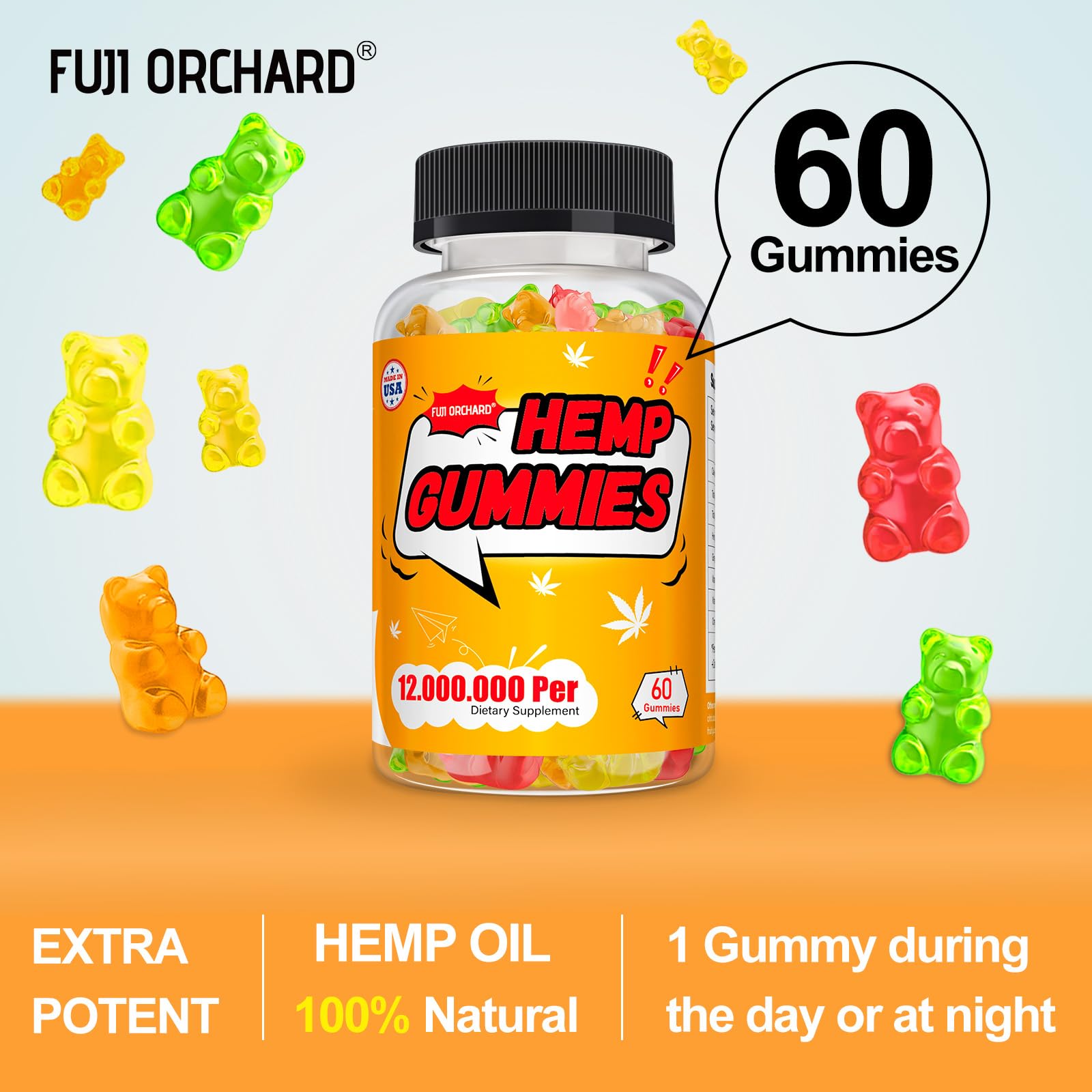 FUJI ORCHARD 12000mg Hemp Gummies High Potency - Hemp Gummies for Deep Bedtimes & Relaxation - Natural Hemp Oil Gummy for Adults - Made in USA - Gluten Free & Vegan - 60 Count