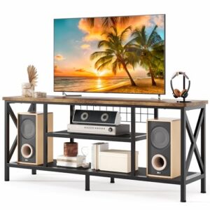 gizoon 59.8" industrial tv stand for 55-65 inch tvs, rustic brown, 3-tier media entertainment center with open shelves, metal frame, sofa table for living room, bedroom, office