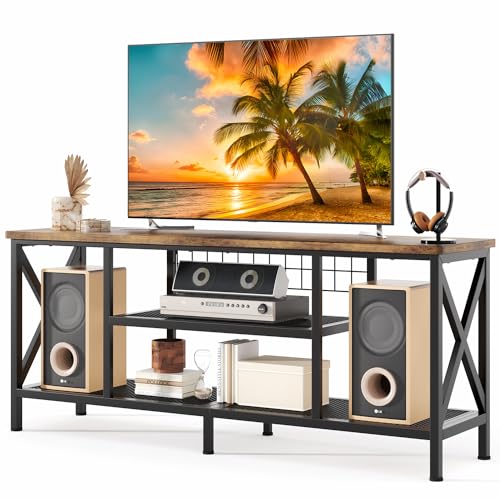 Gizoon 59.8" Industrial TV Stand for 55-65 Inch TVs, Rustic Brown, 3-Tier Media Entertainment Center with Open Shelves, Metal Frame, Sofa Table for Living Room, Bedroom, Office