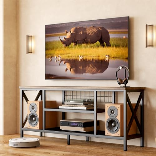 Gizoon 59.8" Industrial TV Stand for 55-65 Inch TVs, Rustic Brown, 3-Tier Media Entertainment Center with Open Shelves, Metal Frame, Sofa Table for Living Room, Bedroom, Office