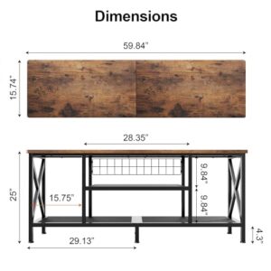 Gizoon 59.8" Industrial TV Stand for 55-65 Inch TVs, Rustic Brown, 3-Tier Media Entertainment Center with Open Shelves, Metal Frame, Sofa Table for Living Room, Bedroom, Office