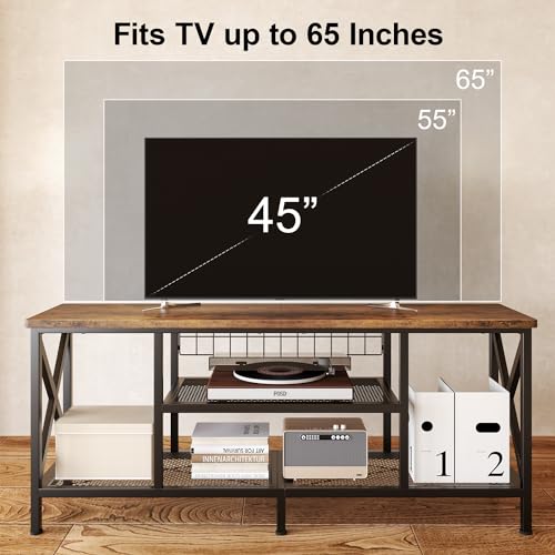 Gizoon 59.8" Industrial TV Stand for 55-65 Inch TVs, Rustic Brown, 3-Tier Media Entertainment Center with Open Shelves, Metal Frame, Sofa Table for Living Room, Bedroom, Office