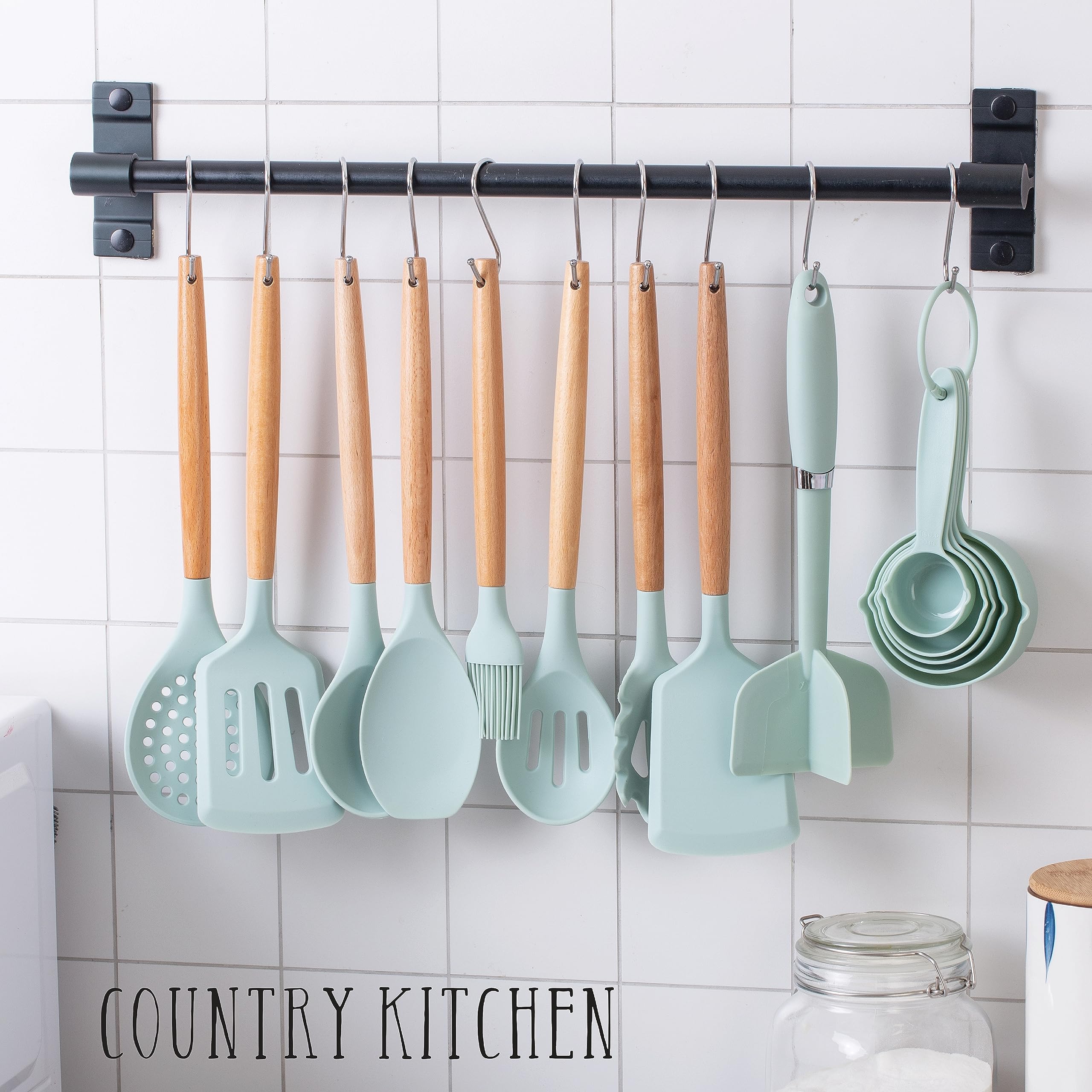 Country Kitchen Cooking Utensils Set - 40 pcs Non-stick Silicone Spatula Set with Holder, Wooden Handles and Heat Resistant Gadgets Utensil