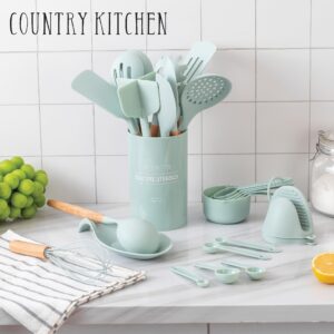 Country Kitchen Cooking Utensils Set - 40 pcs Non-stick Silicone Spatula Set with Holder, Wooden Handles and Heat Resistant Gadgets Utensil