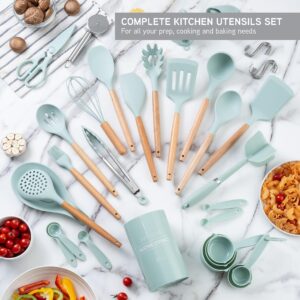 Country Kitchen Cooking Utensils Set - 40 pcs Non-stick Silicone Spatula Set with Holder, Wooden Handles and Heat Resistant Gadgets Utensil