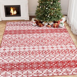 wondrg christmas area rug 8x10 red snowflake holiday decorative living room bedroom throw rug washable non slip soft low pile large carpet for kitchen entryway dining room home decor