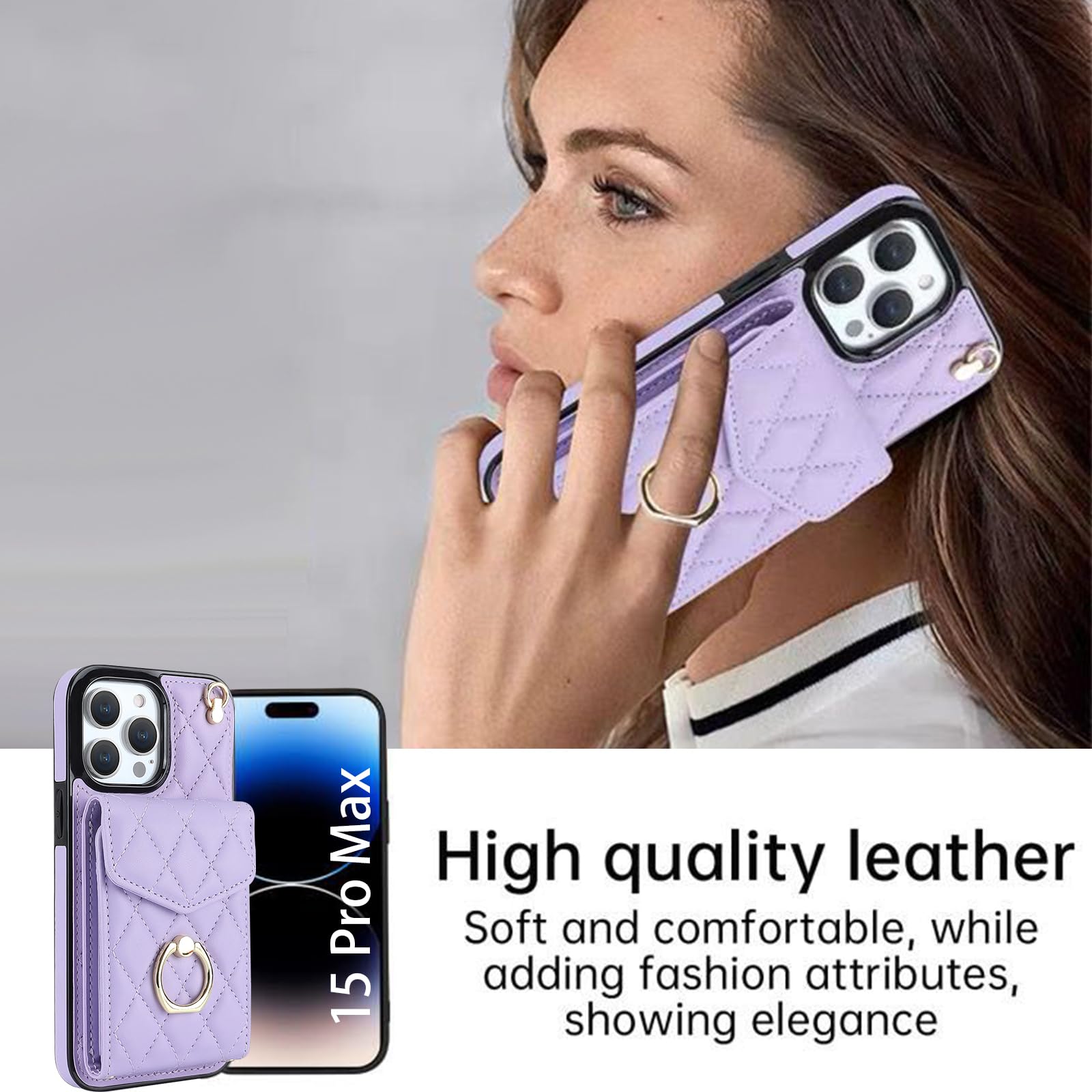 Crossbody Wallet Case for iPhone 15 Pro Max, 15 Pro Max Leather Case with Card Holder RFID Blocking [Wrist Strap], Women Lanyard Handbag Purse Cover Ring Kickstand Purple Case for iPhone 15 Pro Max