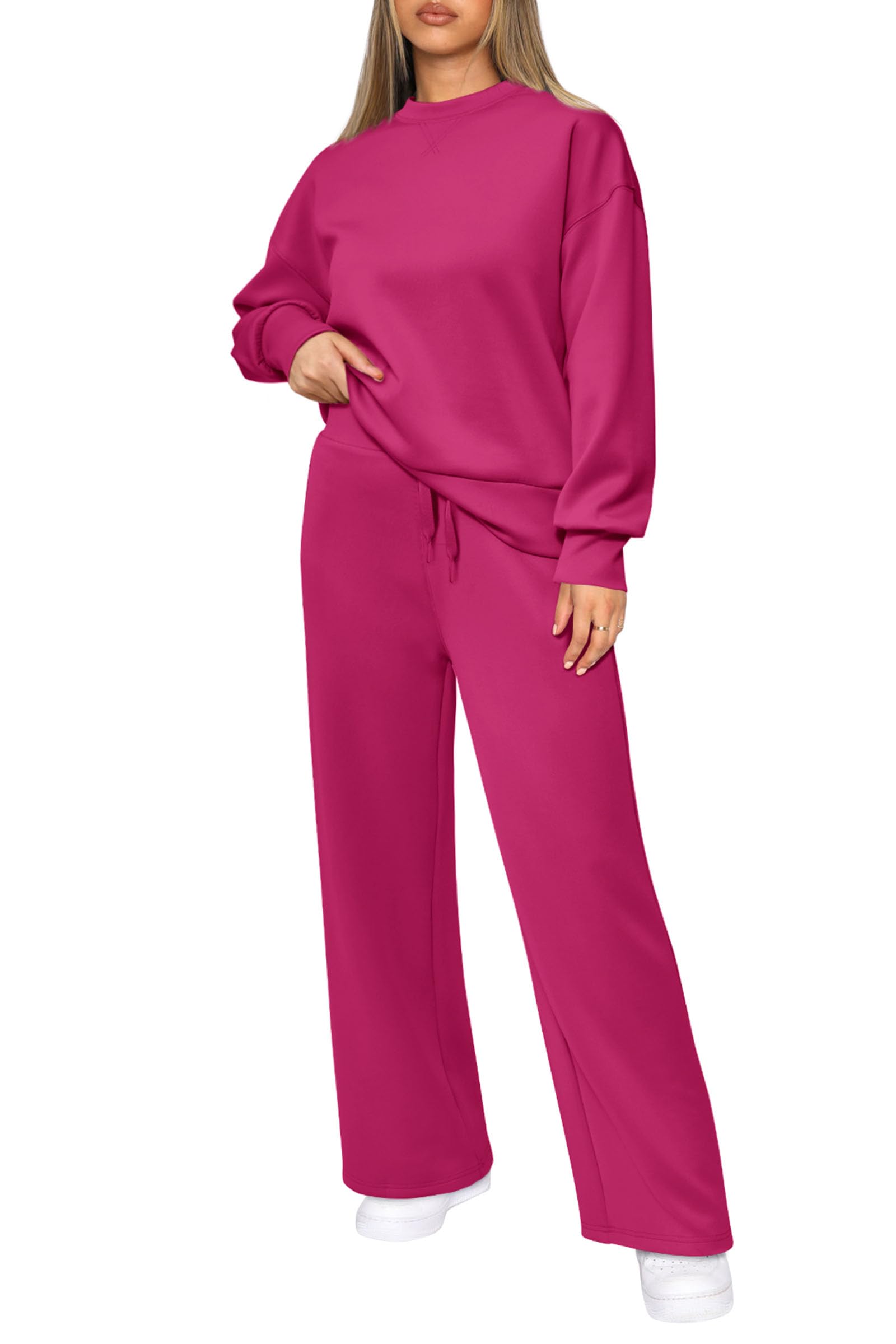 PRETTYGARDEN Women Two Piece Sweatsuits 2024 Long Sleeve Pullover Tops Wide Leg Pants Sets Matching Sweat Outfits (Rose Red,Large)